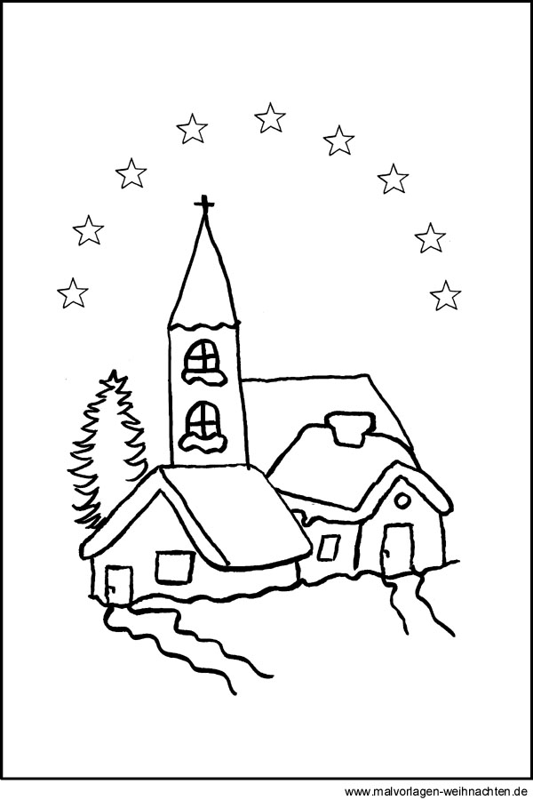 Malvorlage oder Window Color Motiv zu Weihnachten mit einer Kirche und Sternen