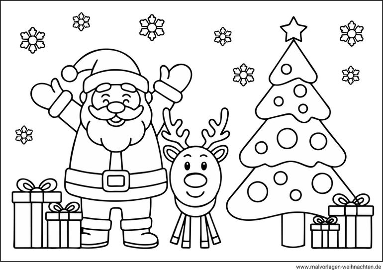 Malvorlage mit dem Weihnachtsmann, einem Weihnachtsbaum und einem Rentier