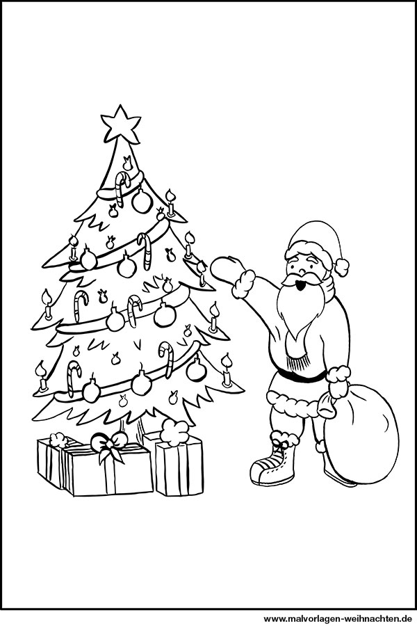 Malvorlage - Weihnachtsmann, Weihnachtsbaum und viele kleine Geschenke
