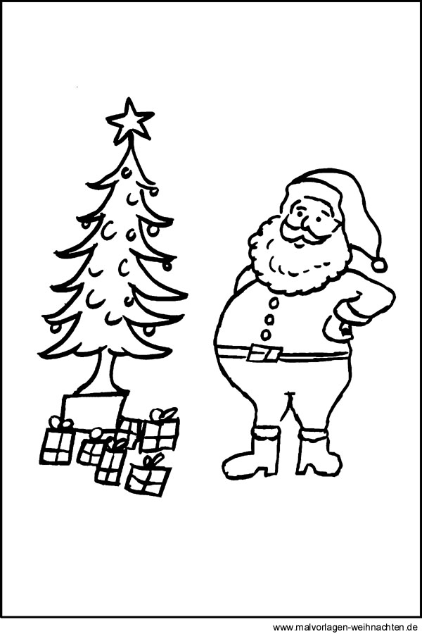 Weihnachtsbaum und Weihnachtsmann als Malvorlage und Ausmalbild