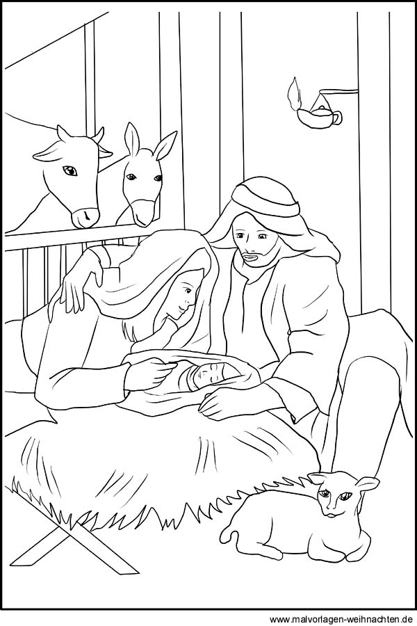Malvorlagen - Krippe mit Maria, Josef und Jesus